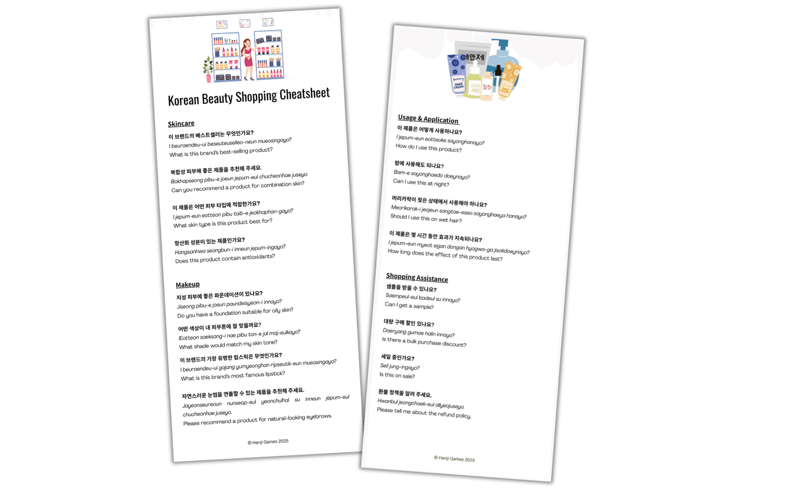 orean-beauty-shopping-cheatsheet-two-pages-skincare-makeup-phrases-korean-pronunciation-romanization-english-translation-beauty-store-products-hanji-games