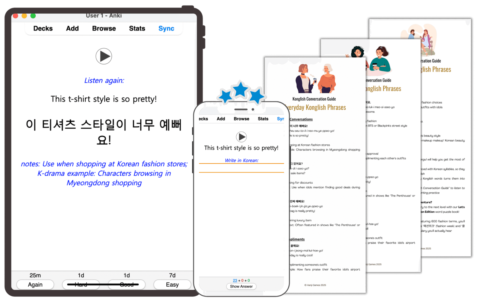 anki-flashcard-interface-korean-language-learning-konglish-conversation-guide-korean-pronunciation-practice-writing-typing-exercise-korean-fashion-phrases-k-drama-examples-hanji-games
