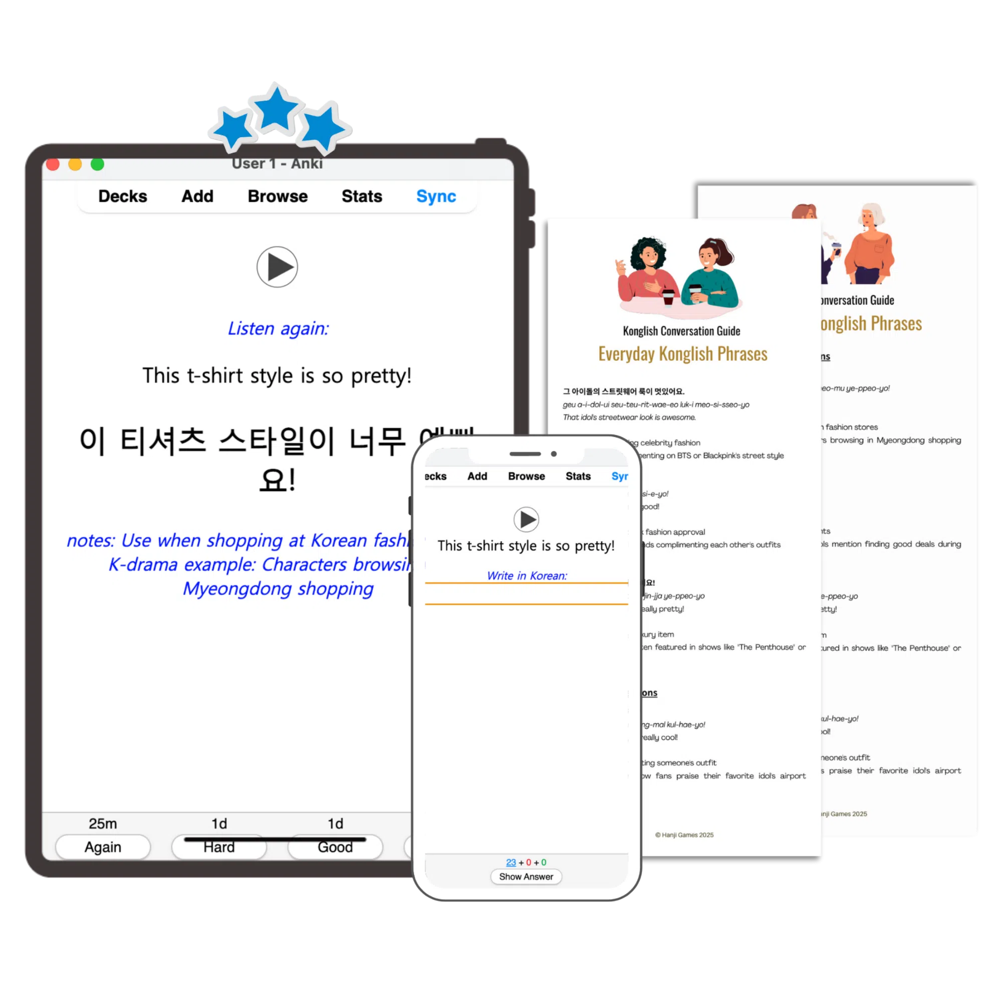 anki-flashcard-interface-korean-language-learning-konglish-conversation-guide-korean-pronunciation-practice-writing-typing-exercise-korean-fashion-phrases-k-drama-examples-hanji-games